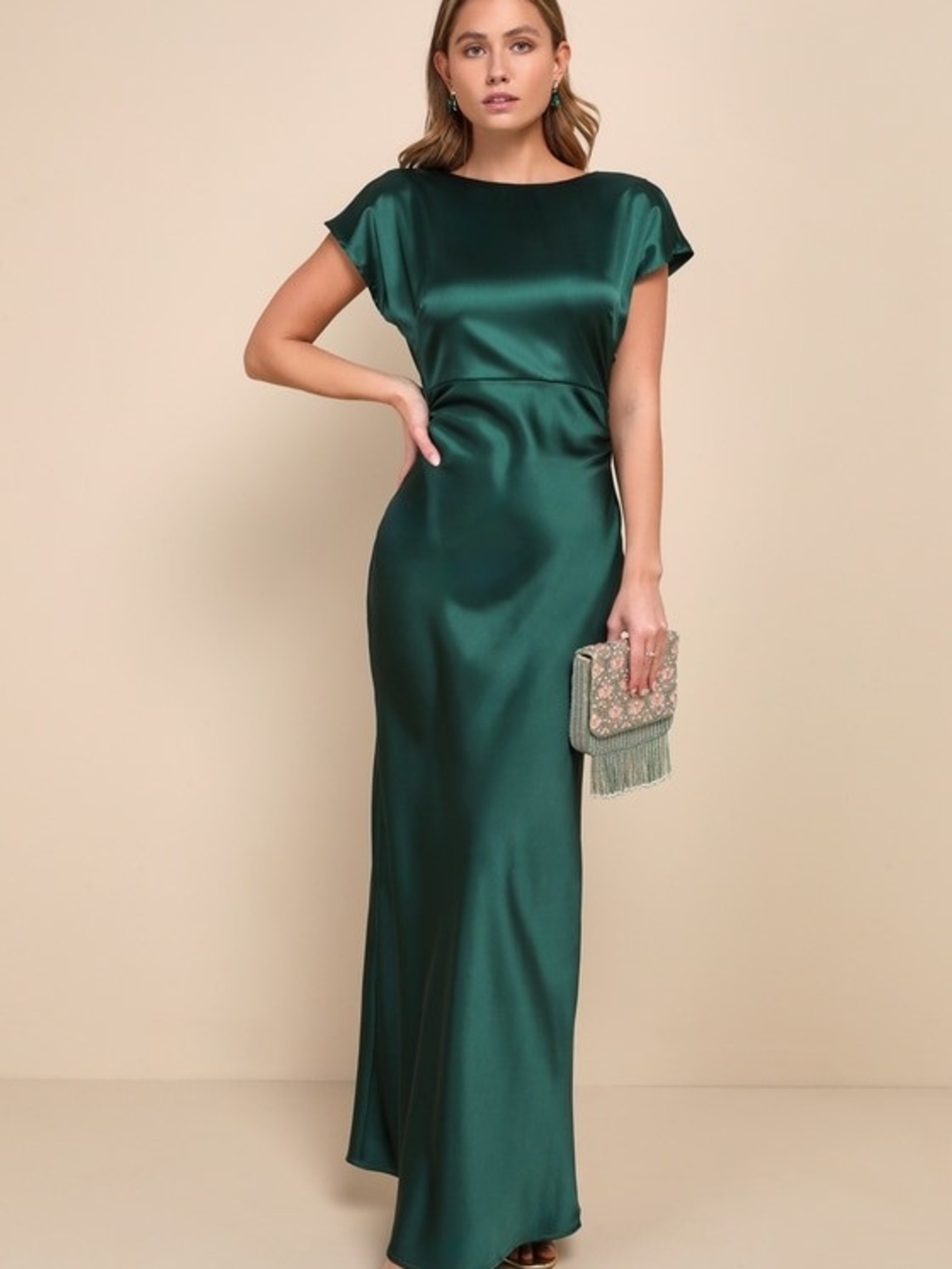 Lulu's Emerald Green Satin Backless Evening Gown